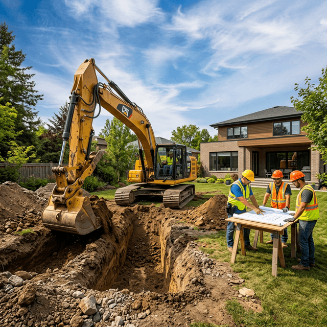 Робота екскаватора над котлованом для басейну