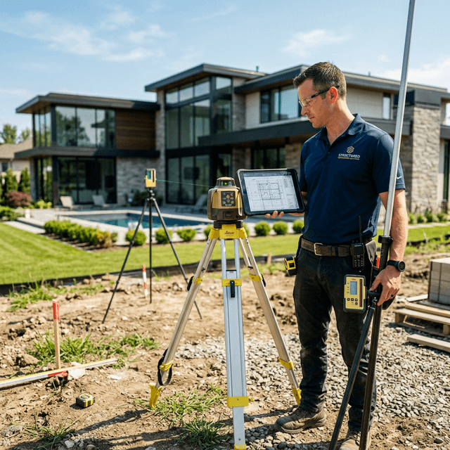 Інженер проводить заміри ділянки для басейну