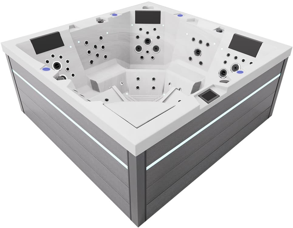 СПА-басейн Aquajoy Monaco (220х220х90 см), Сріблясто-білий мармур, з динаміками та LED-підсвічуванням